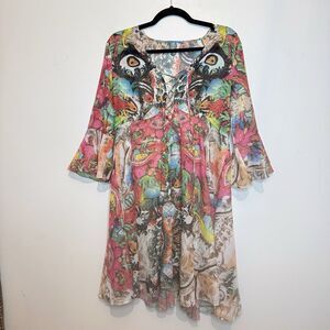 A Line Ruffle Sleeve Abstract Floral Print Sheer Y2K Boho Mini Dress Womens Med